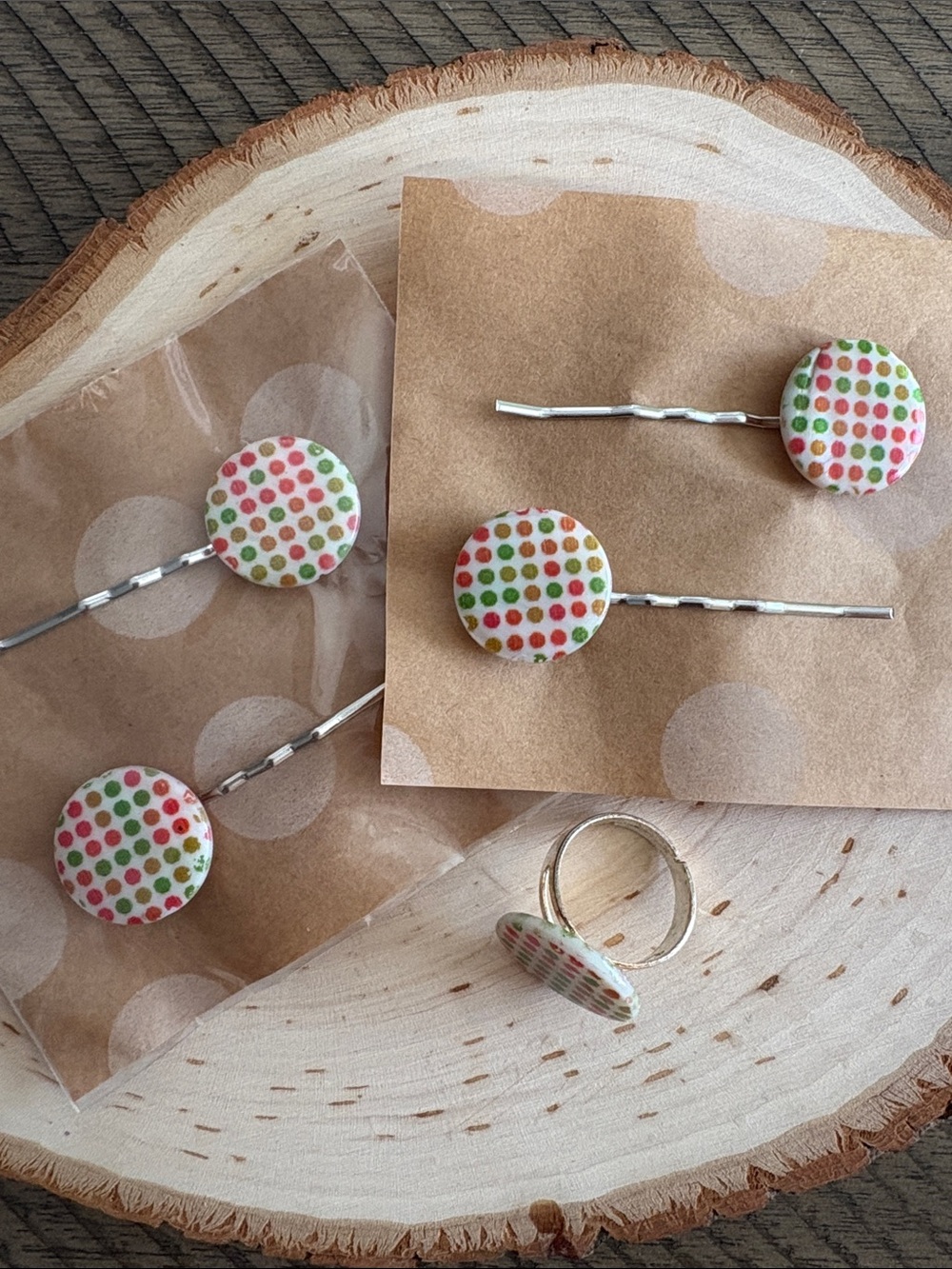Handmade Kids Polka Dot Hairpins and Ring Set - Multicolor